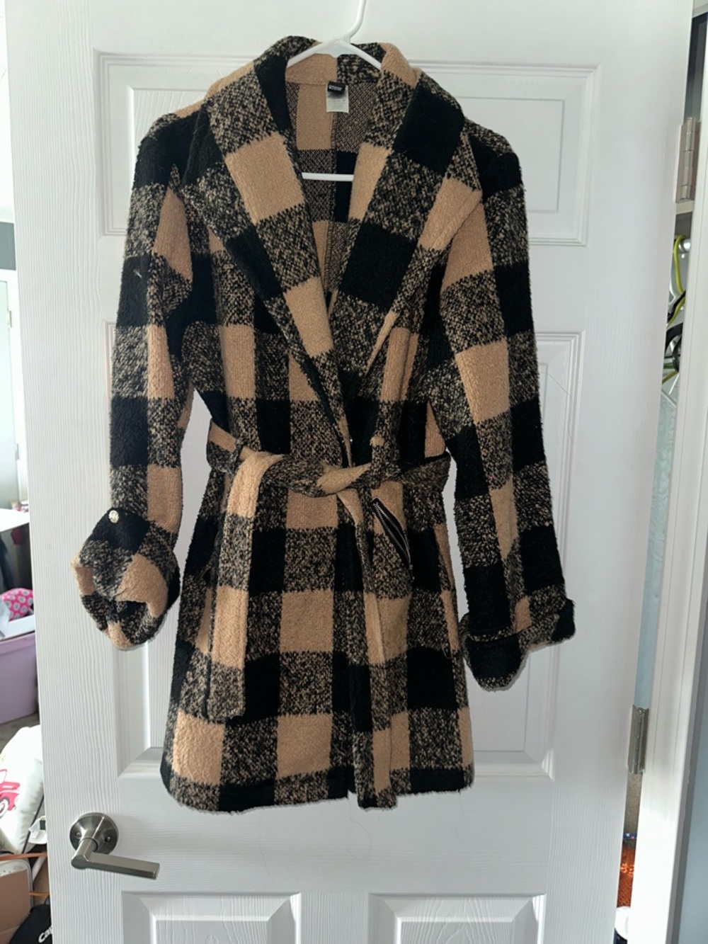 Windsor Black & Tan Plaid Belted Trench Coat